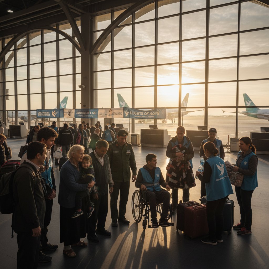 Hopeful diverse group of people at an airport during sunrise representing community and support in compassion flights