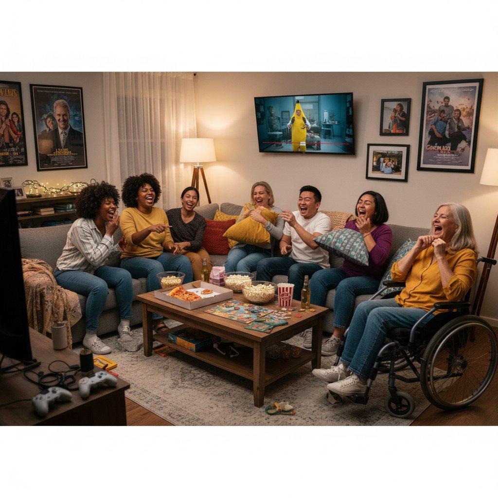 Diverse group bonding over comedy movie at home