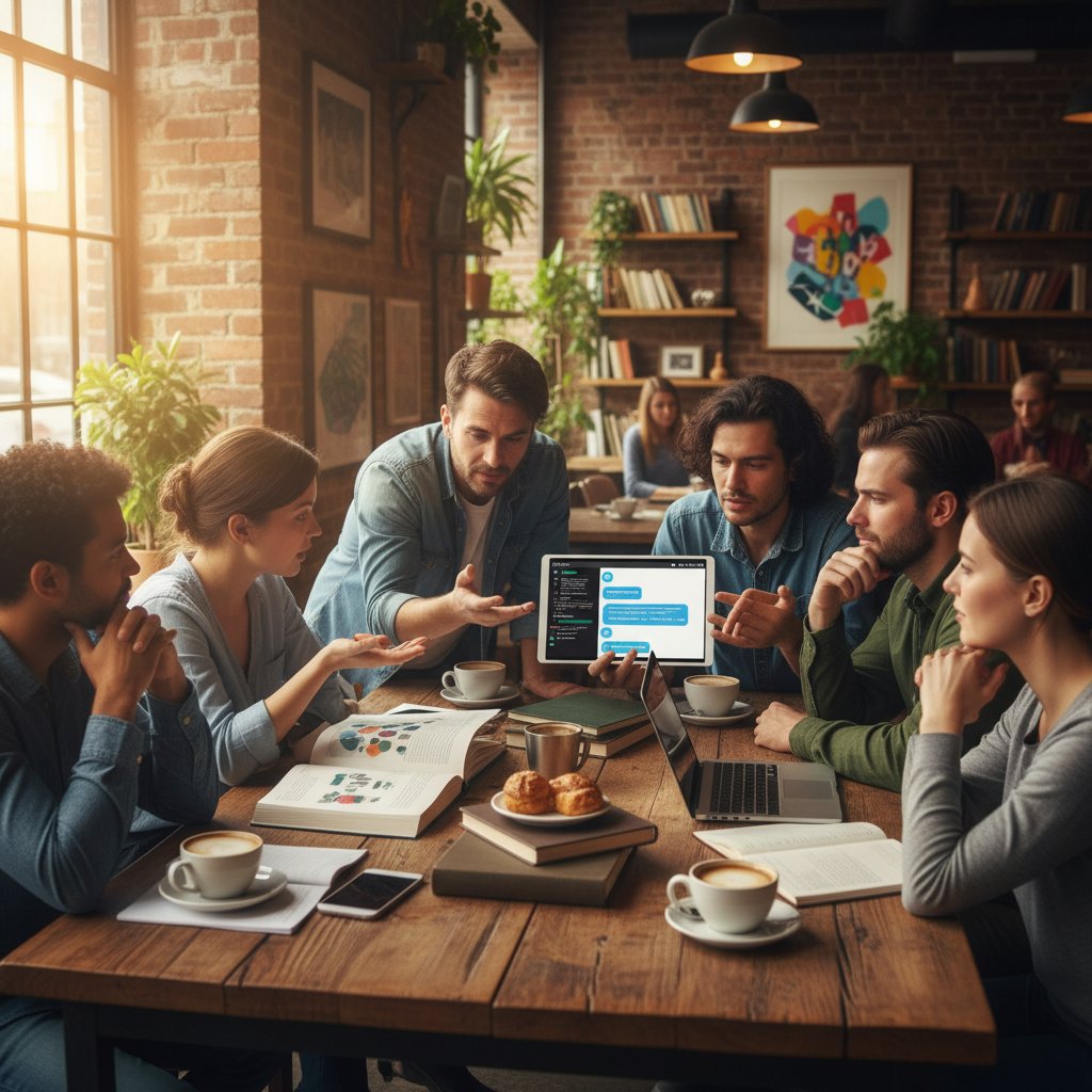 Rozmowa o kulturze w klimatycznej kawiarni, grupa ludzi prowadzi pasjonujący dialog