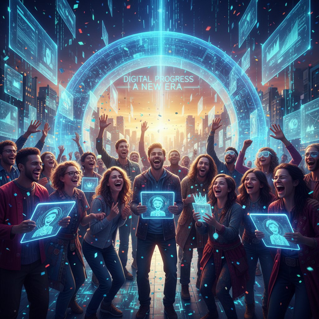 Różnorodna grupa ludzi świętująca cyfrowy postęp, AI i filozofia, optymizm