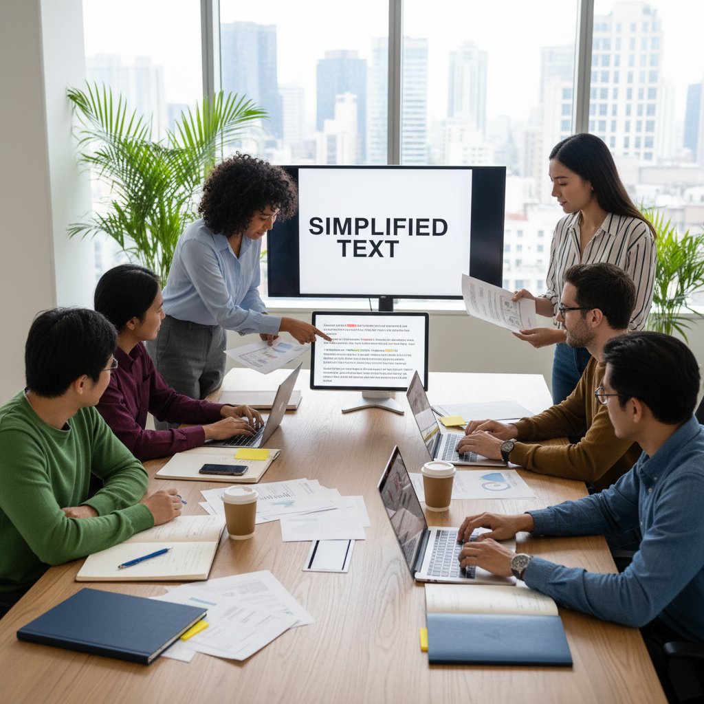 Diverse group collaborating over complex texts and laptops, demonstrating the importance of tools for simplifying complex texts in academic, legal, and activist settings.