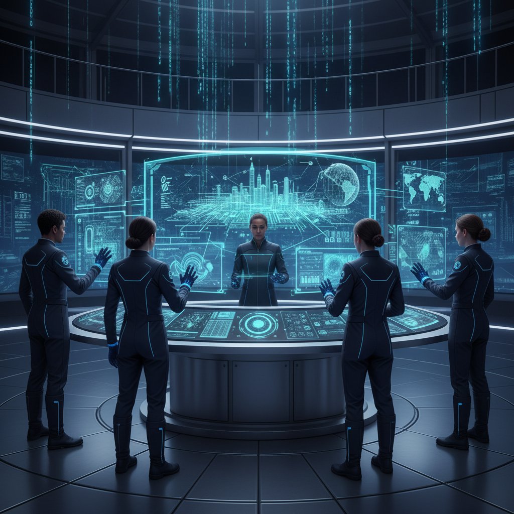 Zespół analizujący cyfrową symulację scenariusza w nowoczesnym centrum kryzysowym, narzędzia do testowania scenariuszy