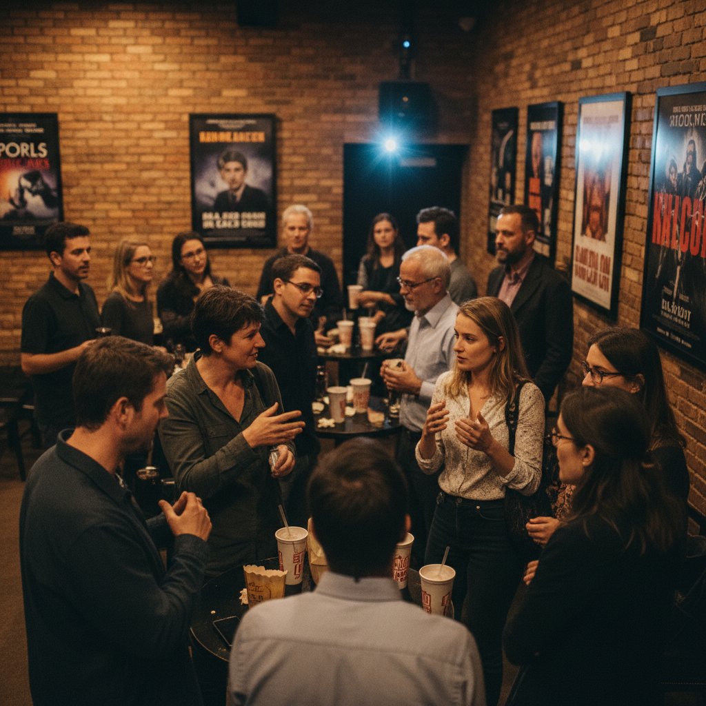 Movie conversations shaping culture, diverse group post-screening, movie demographics