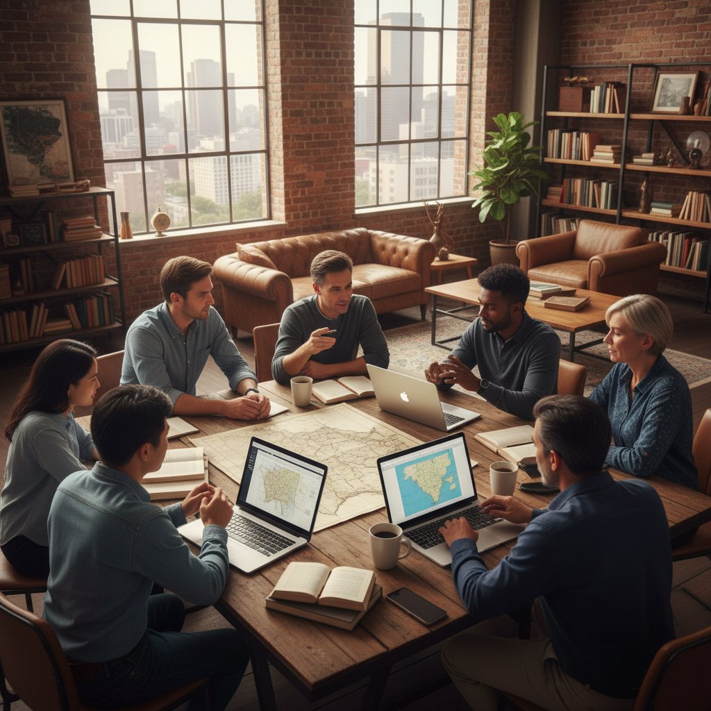 Dyskusja grupowa o historii w inspirującym otoczeniu.