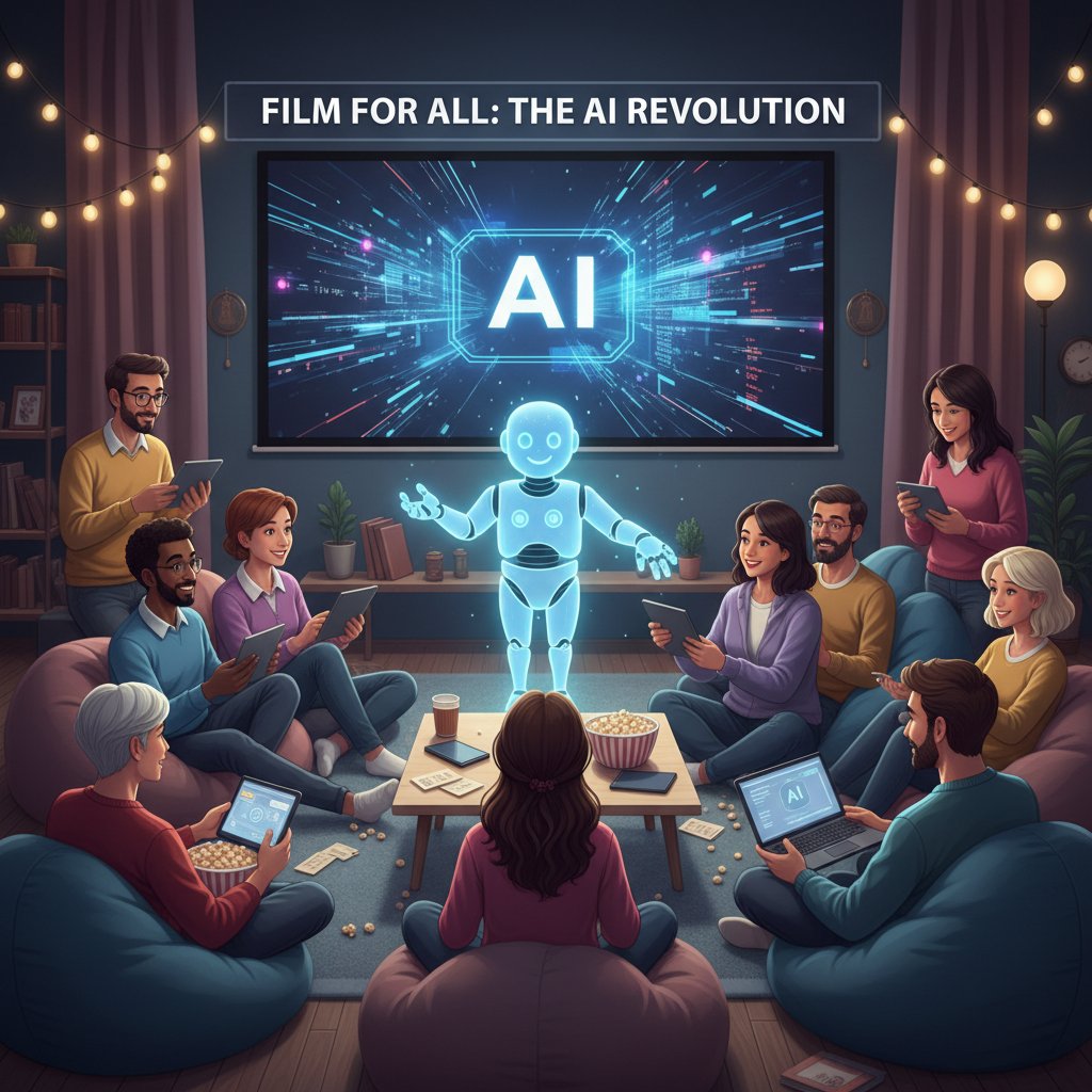 Diverse group enjoying a film night with an AI assistant in the room, symbolizing accessibility and democratic movie recommendations