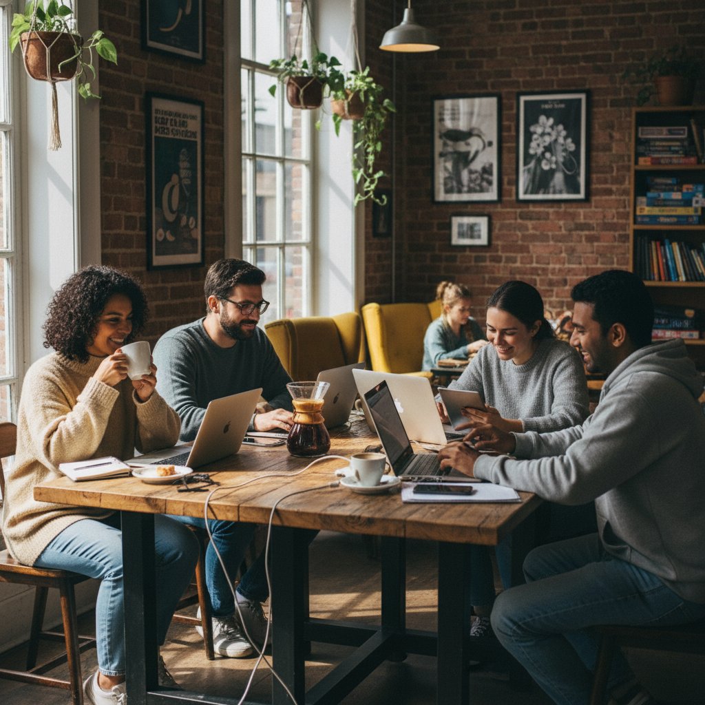 Różnorodna grupa ludzi przy laptopach w alternatywnej kawiarni – symbol społeczności online