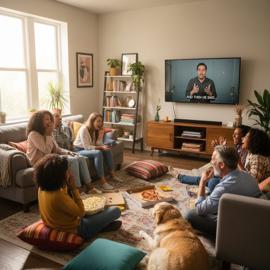 People laughing together while watching a comedy at home