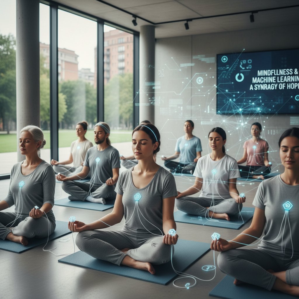 Grupa z różnym pochodzeniem i niepełnosprawnościami medytuje razem z cyfrowym wsparciem AI