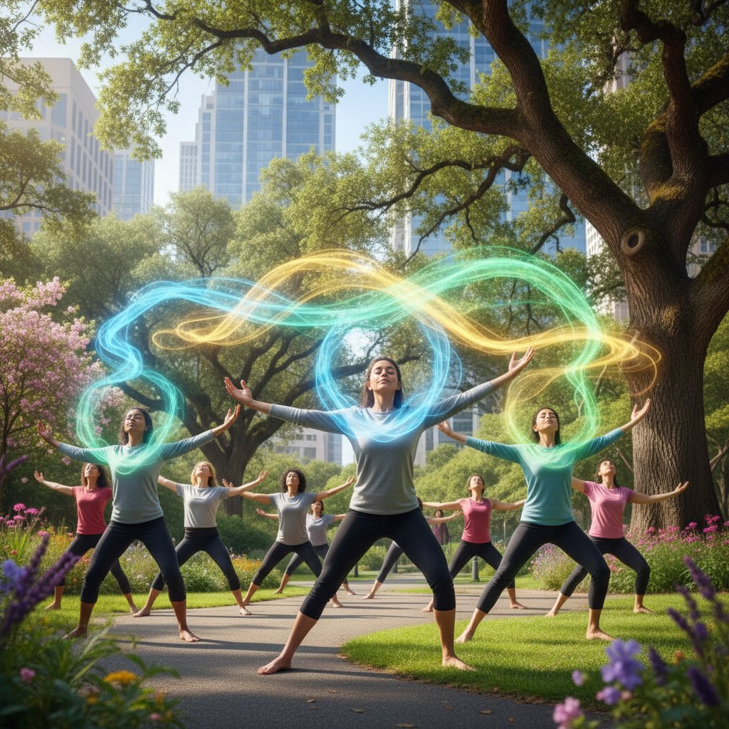 Grupa osób ćwiczy mindfulness w miejskim parku, widoczne wizualizacje fal alfa; klimat: inkluzywny, świeży