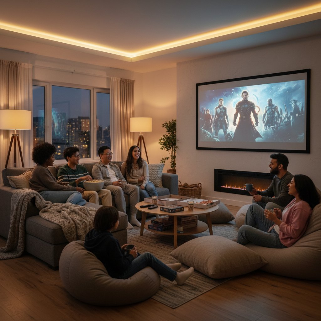 A diverse group watching a movie at home, cozy atmosphere, choosing the right Ron Howard film for every mood