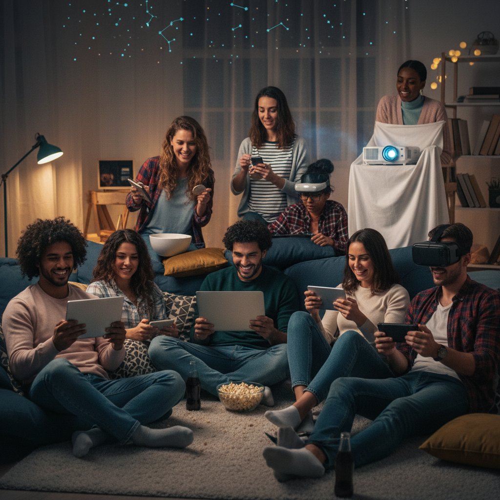 Diverse group watching a movie on multiple devices, upbeat inclusive mood, photo with modern style