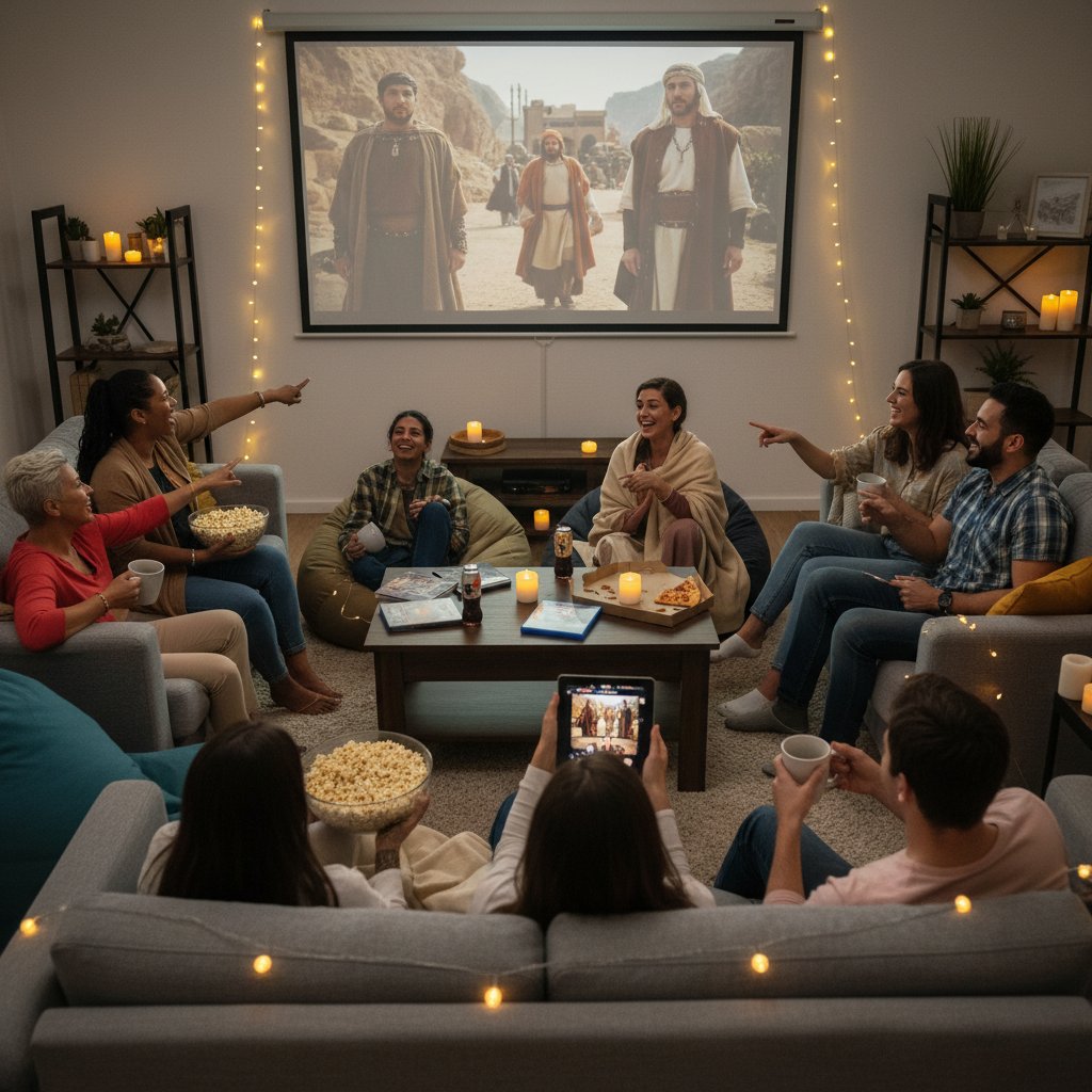 Group of friends from different backgrounds watching a religious movie together