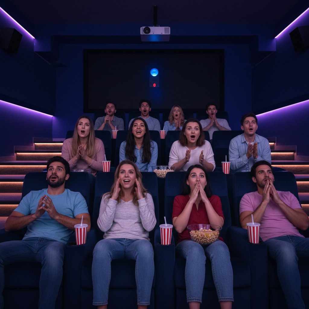 Diverse group watching a movie together, faces lit by the screen, excitement and anticipation