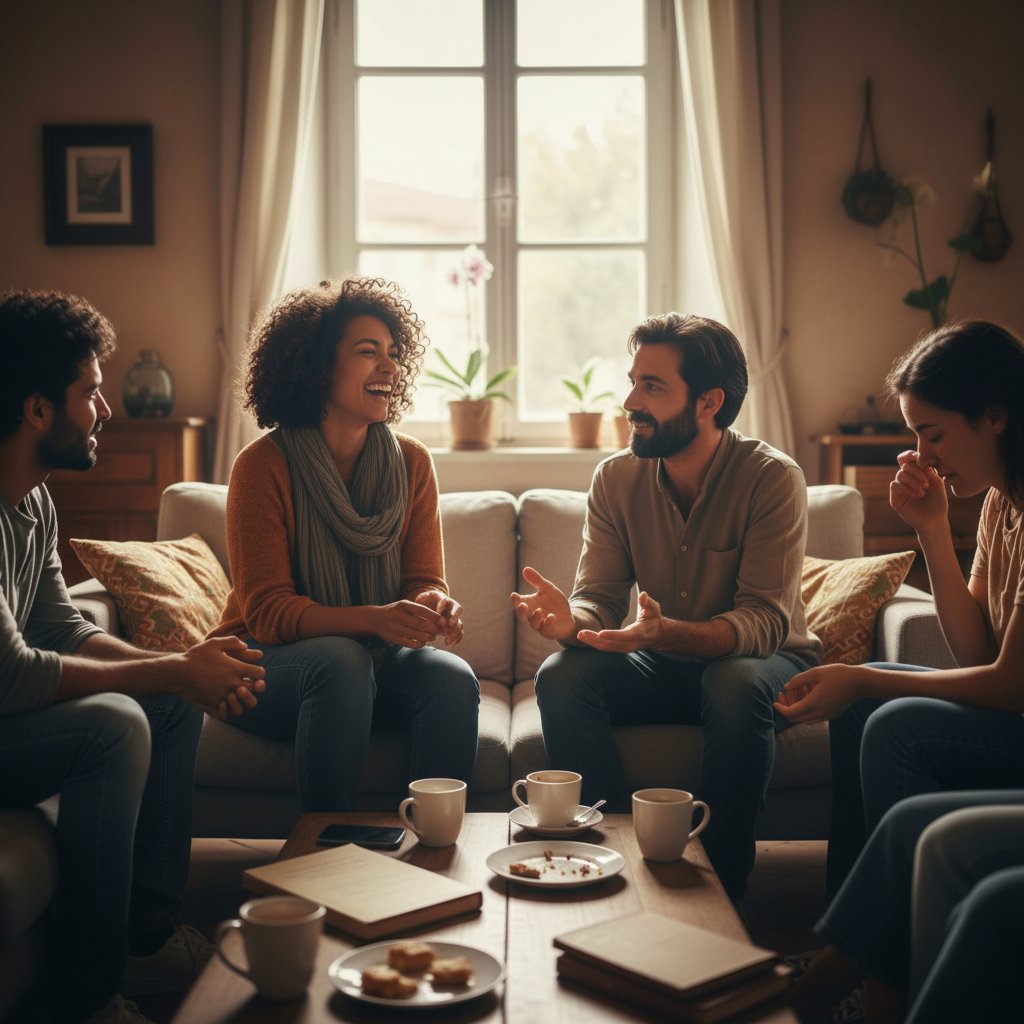 Różnorodna grupa ludzi rozmawiających, autentyczna ekspresja emocji, otwarta atmosfera