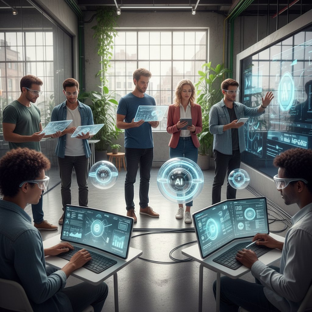 Różnorodna grupa ludzi korzystająca z AI na różnych urządzeniach, energetyczny, nowoczesny klimat