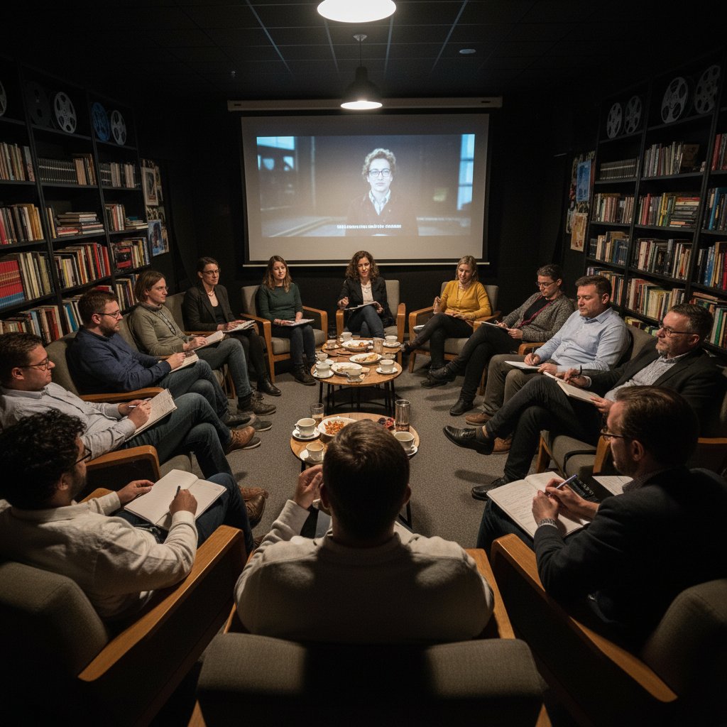 Mixed-age group actively engaged with an instructional film and discussing ideas