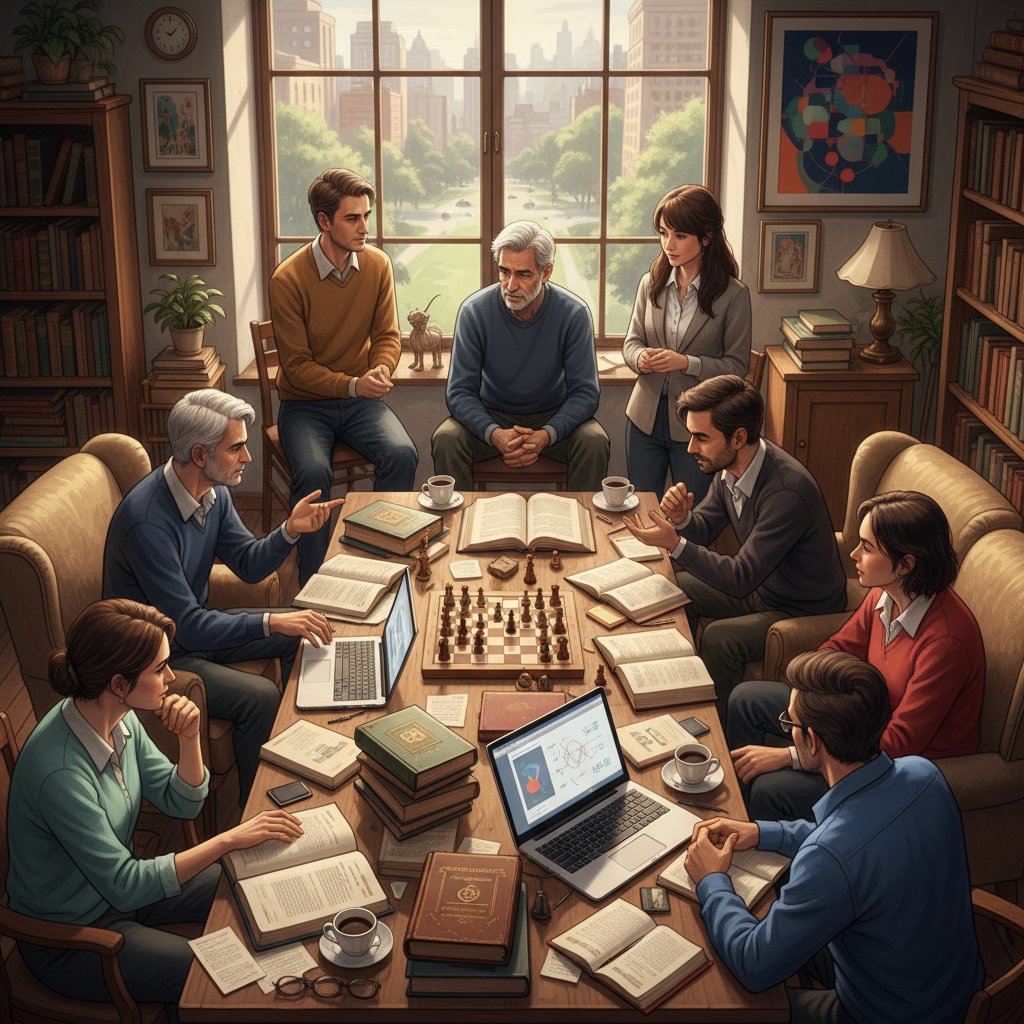 Grupa osób różnych narodowości debatujących wokół stołu, na którym leżą książki, szachy i laptopy - obraz oddający rolę filozofii w filtracji informacji