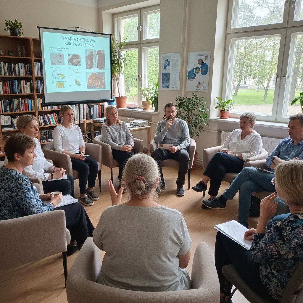 Grupa wsparcia pacjentów ozonoterapii, różnorodni uczestnicy, szczera rozmowa, wsparcie