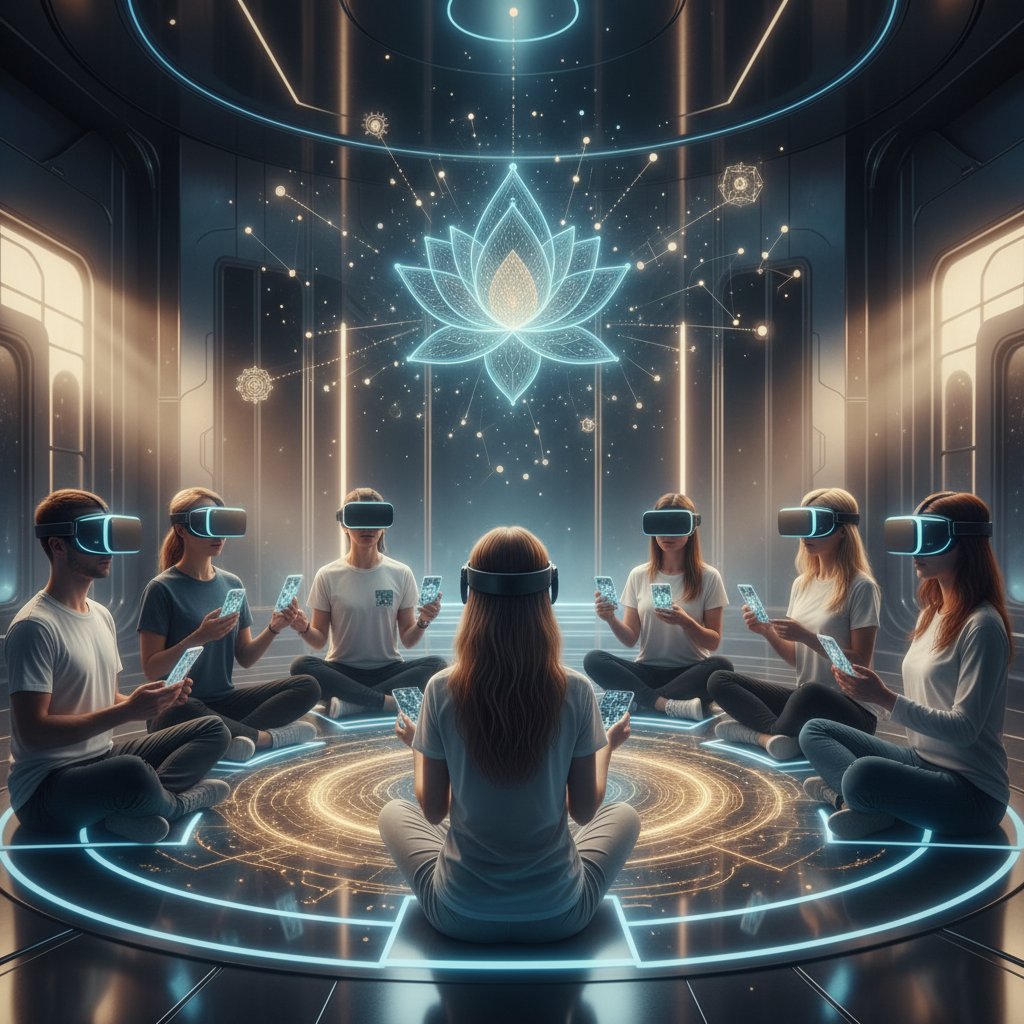 Grupa osób w Polsce podczas wirtualnej sesji medytacji z użyciem VR i smartfonów, atmosfera nadziei i wspólnoty