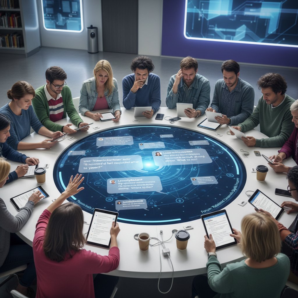 Diverse group of people with speech bubbles, each expressing a different relationship concern, in an online forum context