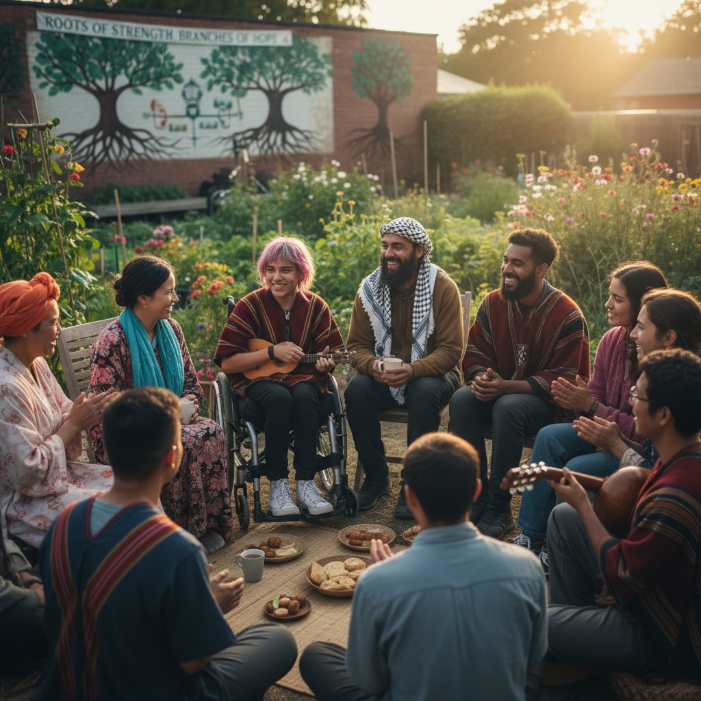 Diverse group sharing a moment—symbolizing cross-cultural emotional connection and resilience