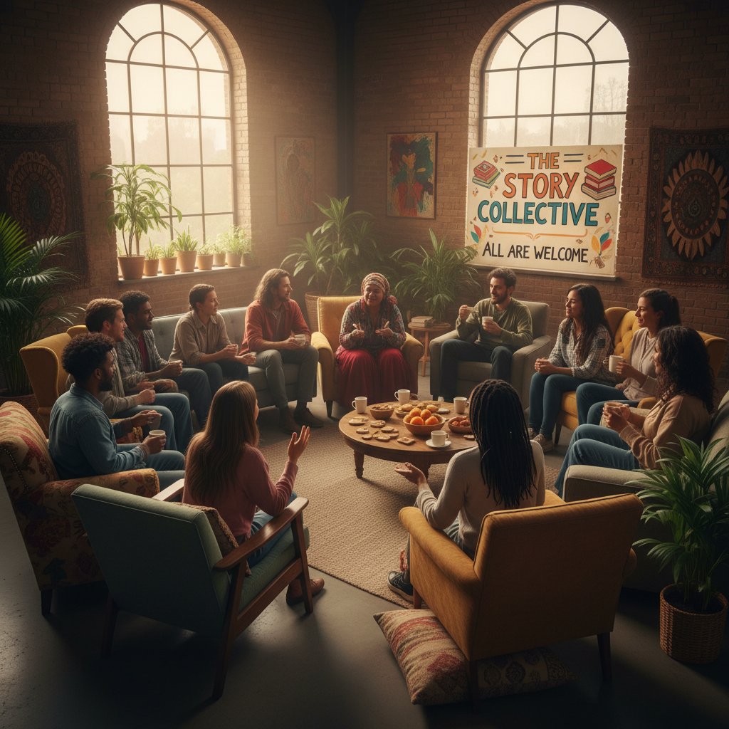 Group of diverse individuals discussing emotional recovery, communal space, supportive environment, emotional healing