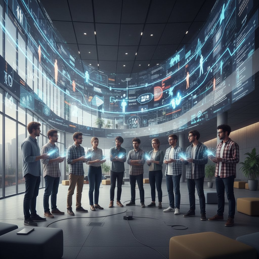 Uczniowie i nauczyciele debatujący nad wpływem AI na edukację historyczną przed cyfrową tablicą