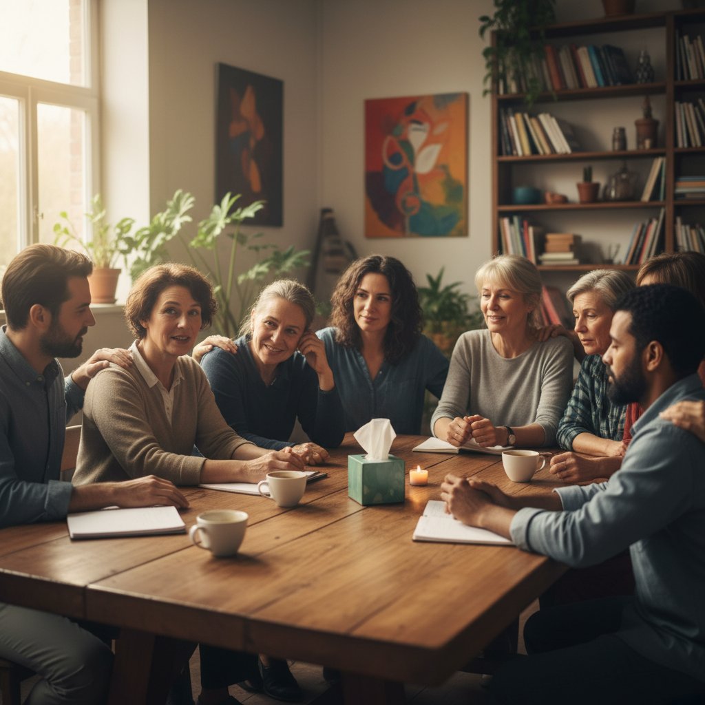 Zdjęcie trzech osób różnych płci siedzących przy stole w atmosferze wsparcia i zrozumienia, symbolizujące różnorodność doświadczeń zaburzeń podniecenia