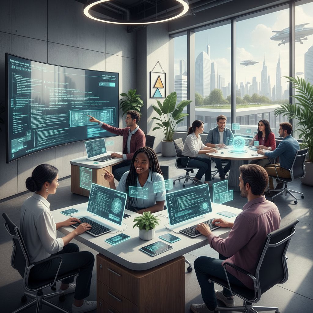 Zespół tłumaczy współpracujących z AI nad tekstem, optymistyczna atmosfera podkreślająca jakość chatgpt tłumaczenia