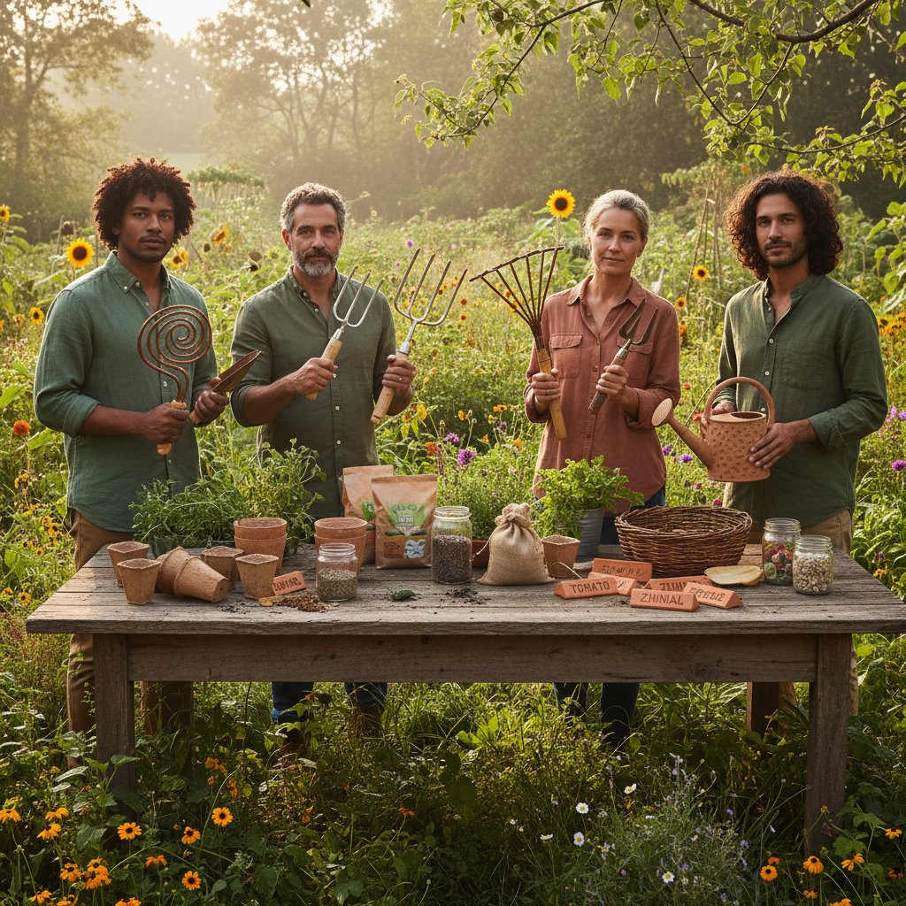 Grupa osób porównuje unikatowe narzędzia ogrodnicze przy stole w ogrodzie