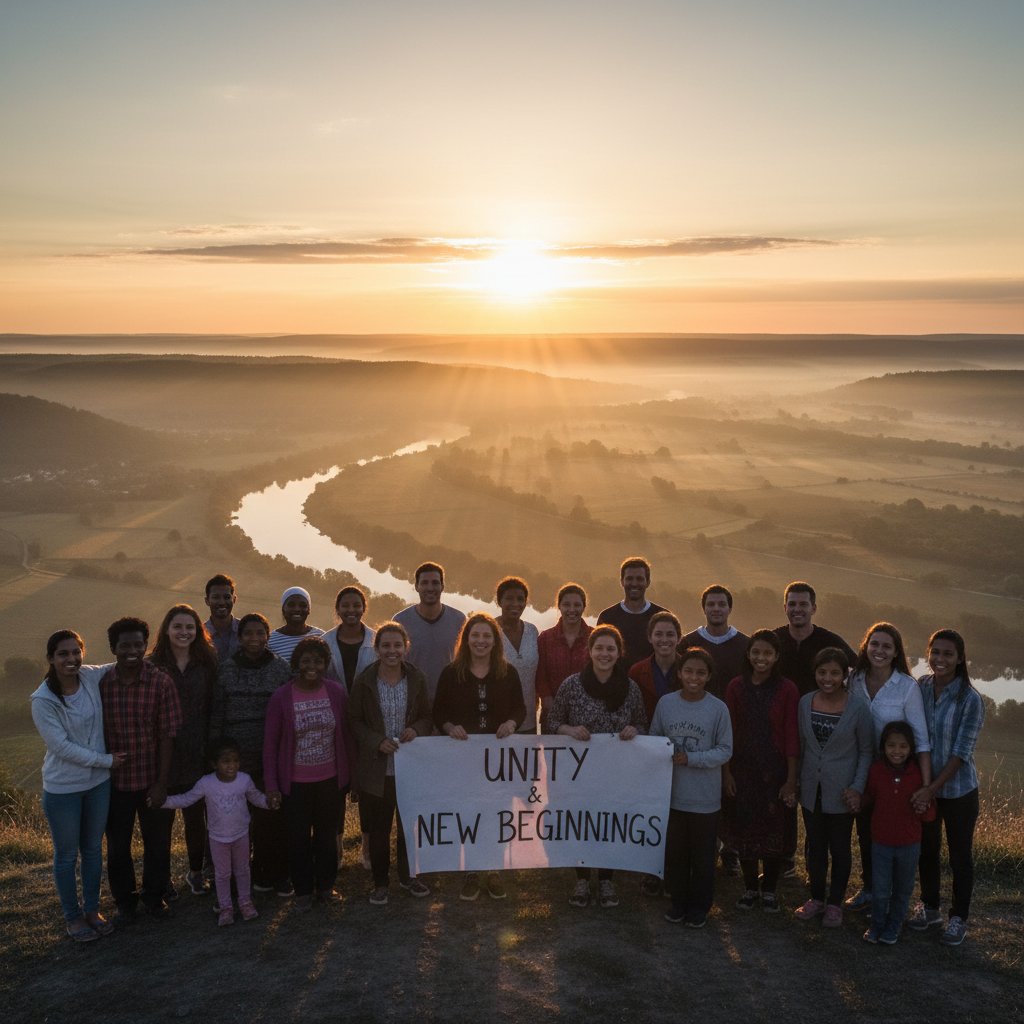 Różnorodna grupa ludzi, zjednoczeni, patrzący w przyszłość, świt nadziei