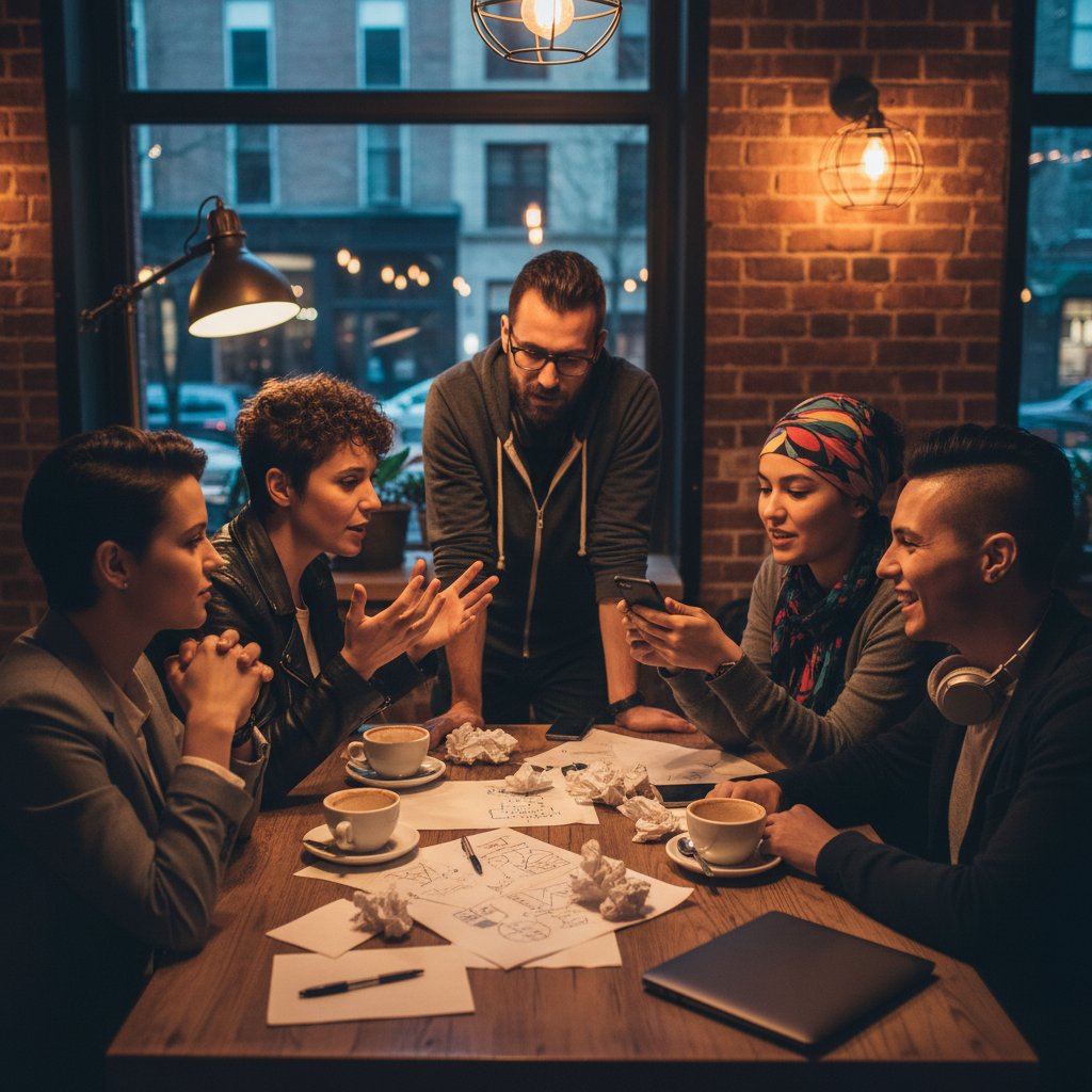 Grupa osób w miejskiej kawiarni podczas intensywnej rozmowy o kreatywnych pomysłach, szkicujących idee na serwetkach