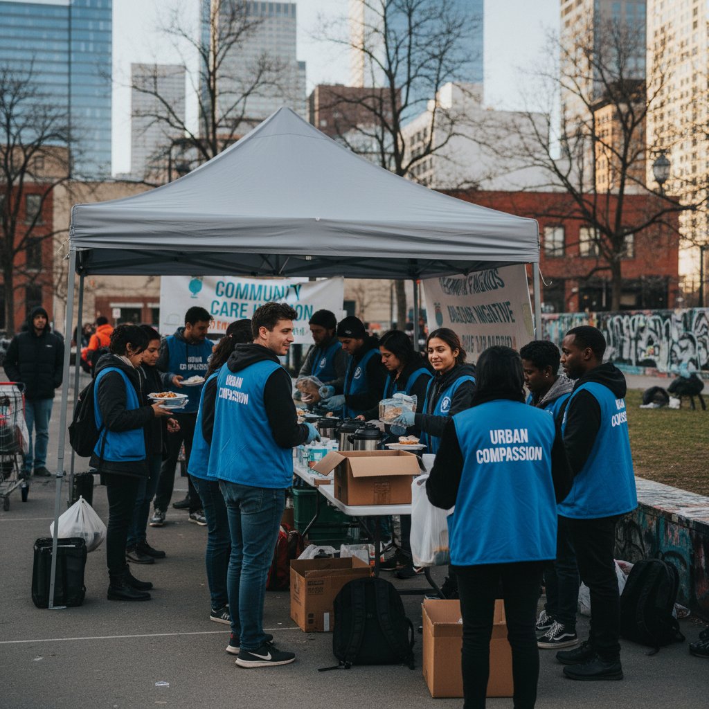 Grupa ludzi wspierających się nawzajem w mieście, siła kolektywna, odporność psychiczna