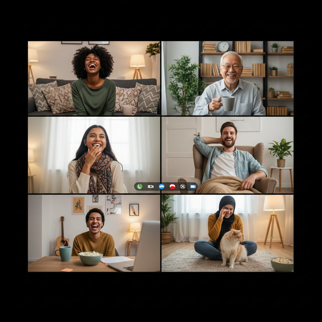 Różnorodna grupa śmiejąca się podczas wideoczatu, śmiech online, autentyczne rozmowy, cyfrowa przyjaźń