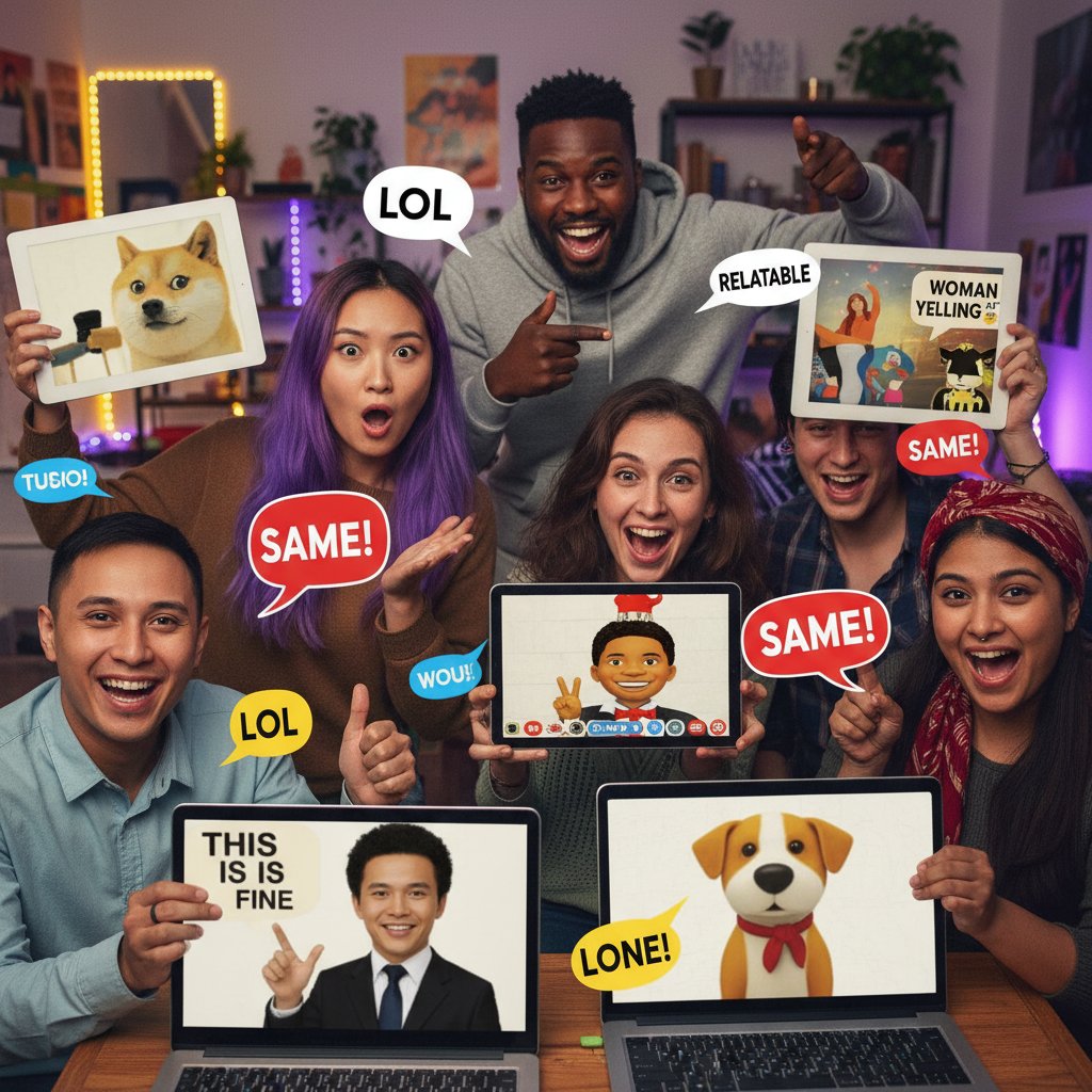 Grupa osób śmiejących się podczas wideorozmowy online, wymieniających memy