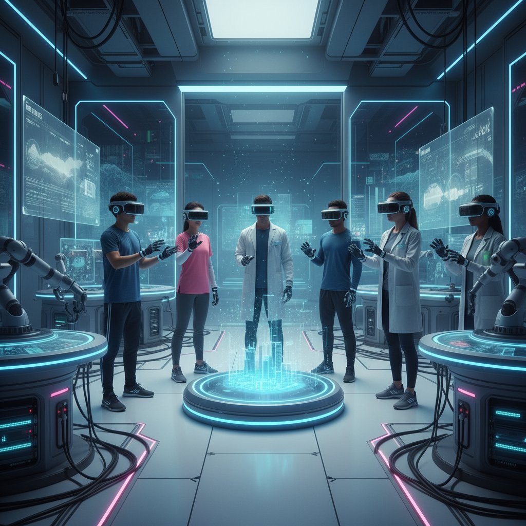 Ludzie testujący symulacje randek w nowoczesnej pracowni, różnorodna grupa z VR