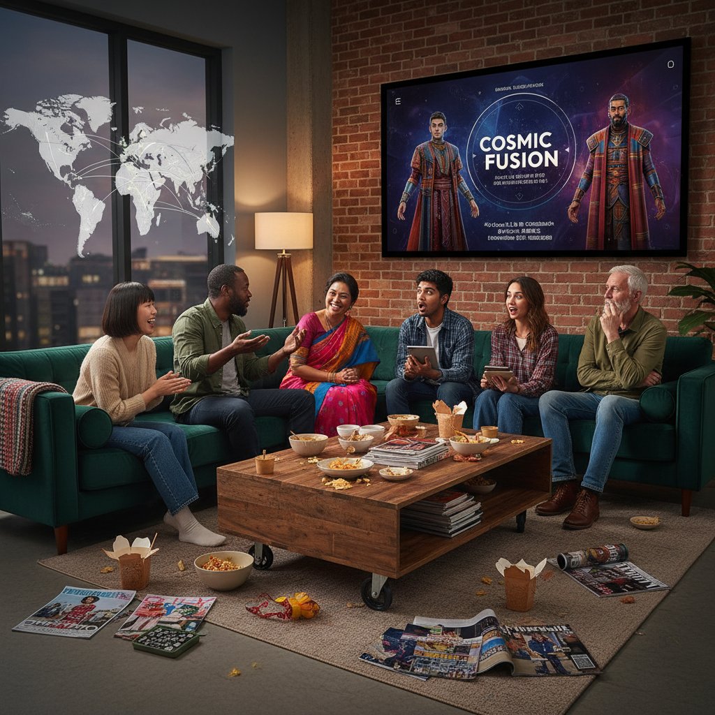 Diverse group watching a global streaming hit in an urban living room, representing streaming's cultural impact