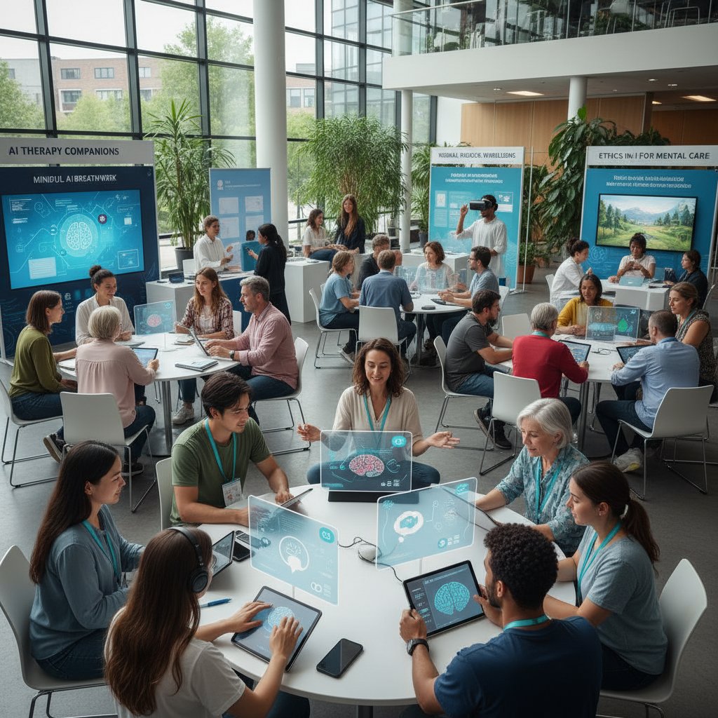 Zróżnicowane grupy ludzi podczas warsztatów o AI w zdrowiu psychicznym