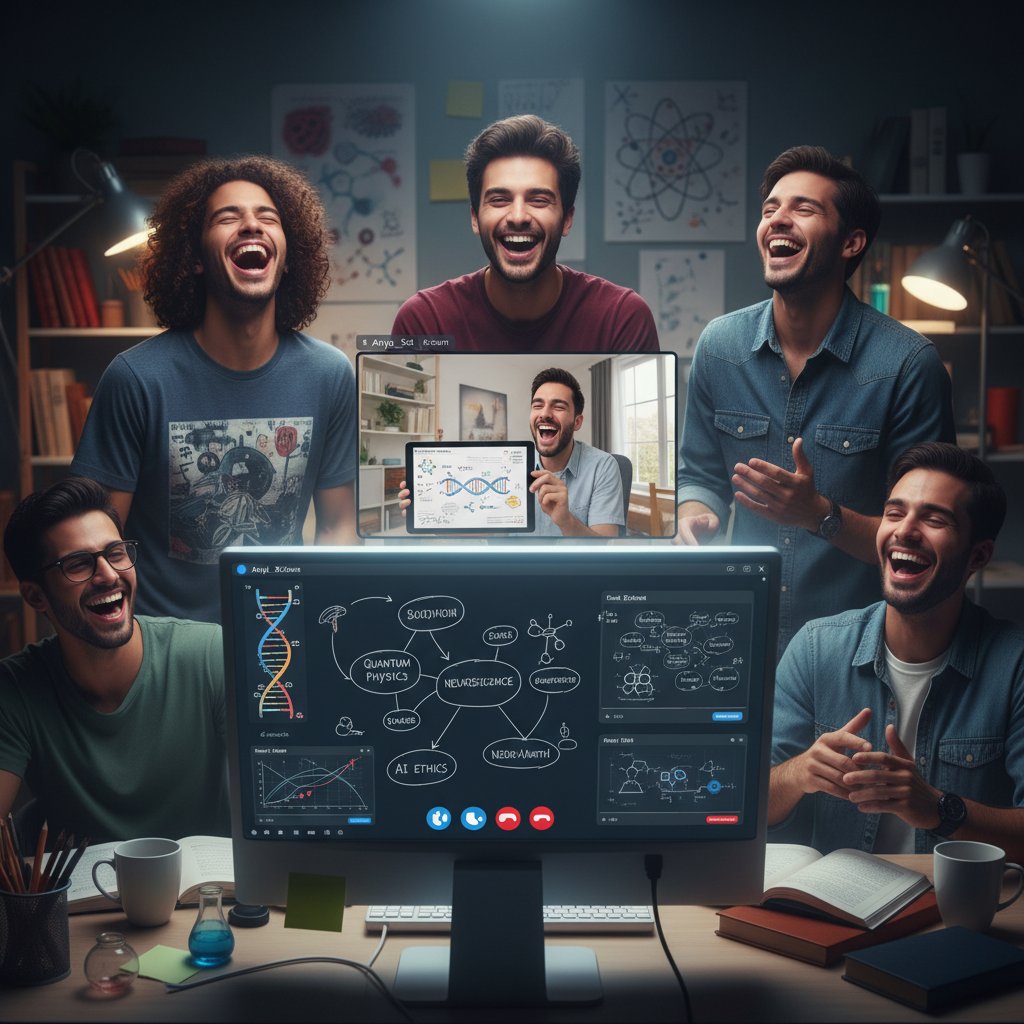 Grupa młodych ludzi na wideo rozmowie, dzielących się notatkami naukowymi