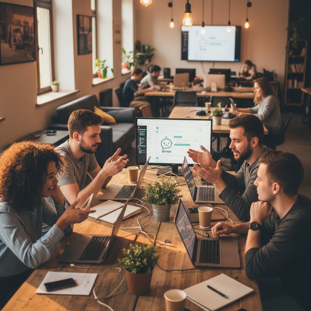 Grupa młodych ludzi korzystających z chatbotów w coworkingu, atmosfera współpracy, ciepłe światło, skupienie, techniki, AI