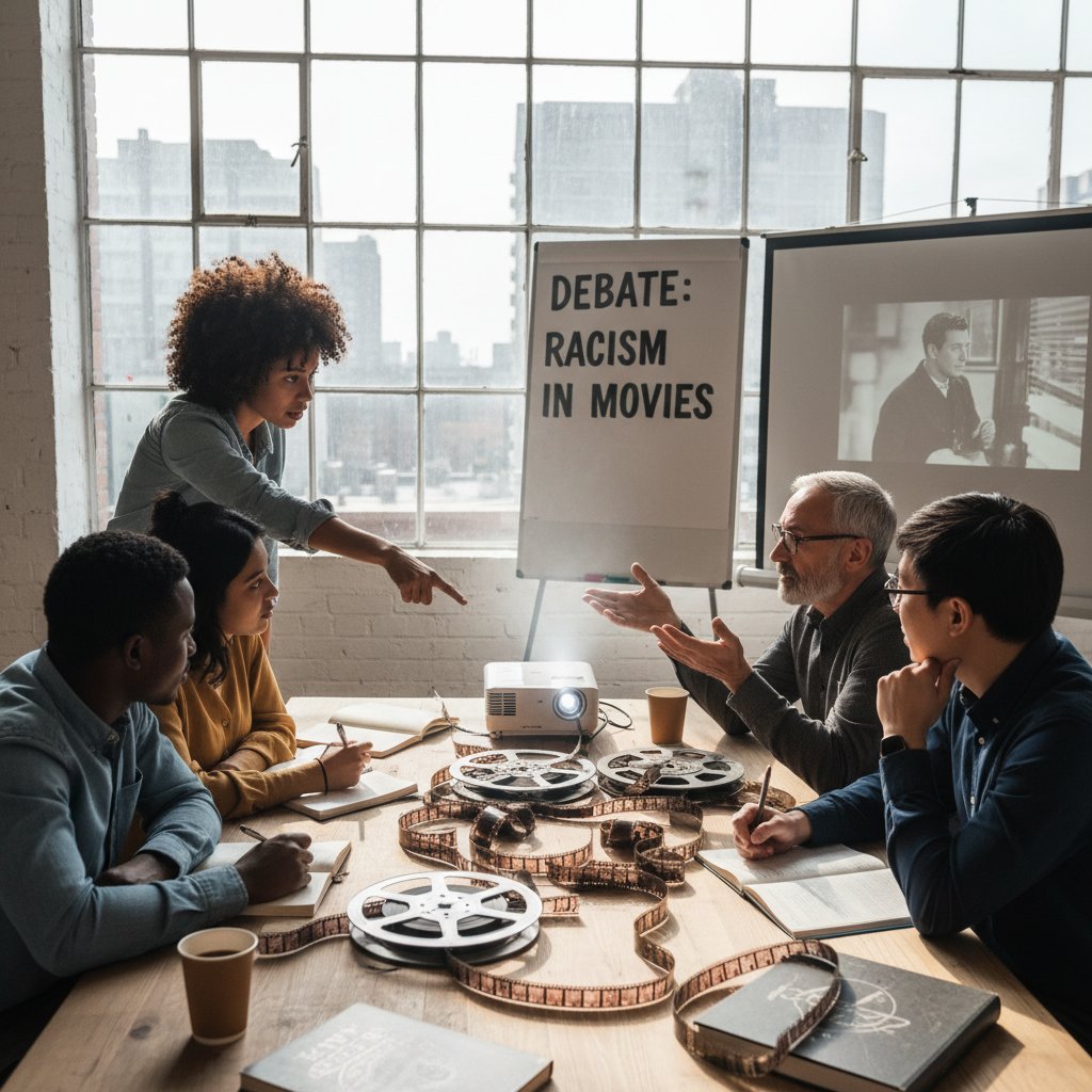Diverse group in discussion circle, film reel in the center, engaging in debate about racism movies