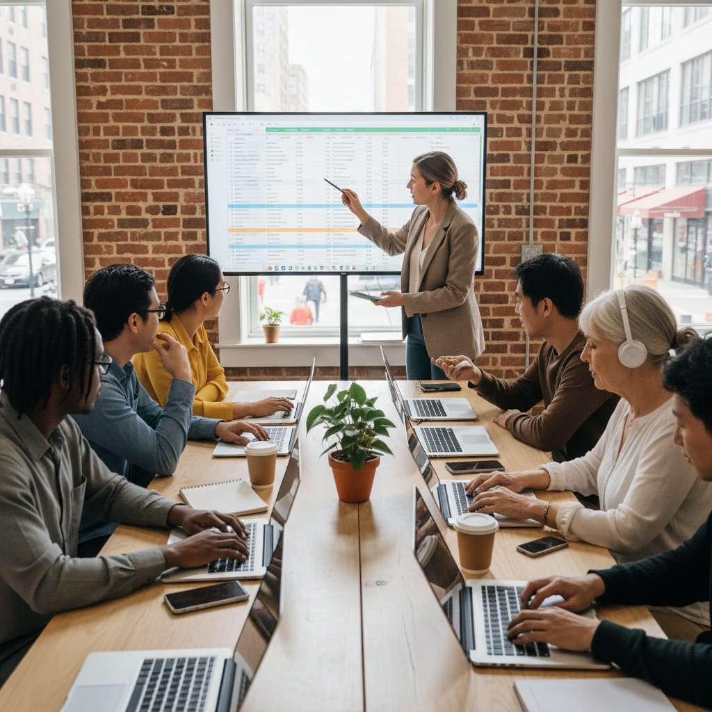 Grupa osób z różnych środowisk korzystająca z laptopów, wspólna nauka Excela, integracyjne otoczenie