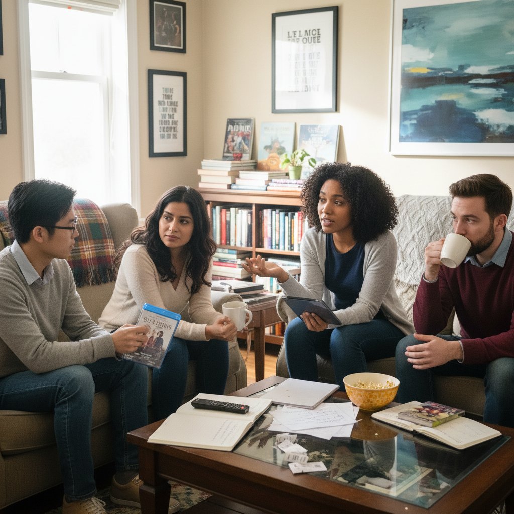 Photo of diverse group of friends discussing movies about mental health, engaged and thoughtful