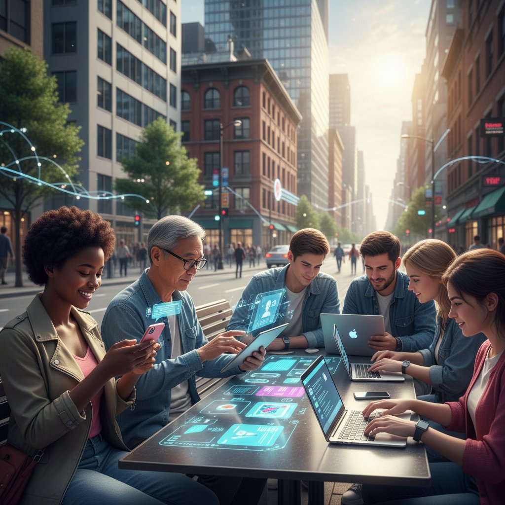 Różnorodne osoby korzystające z czatu AI w mieście