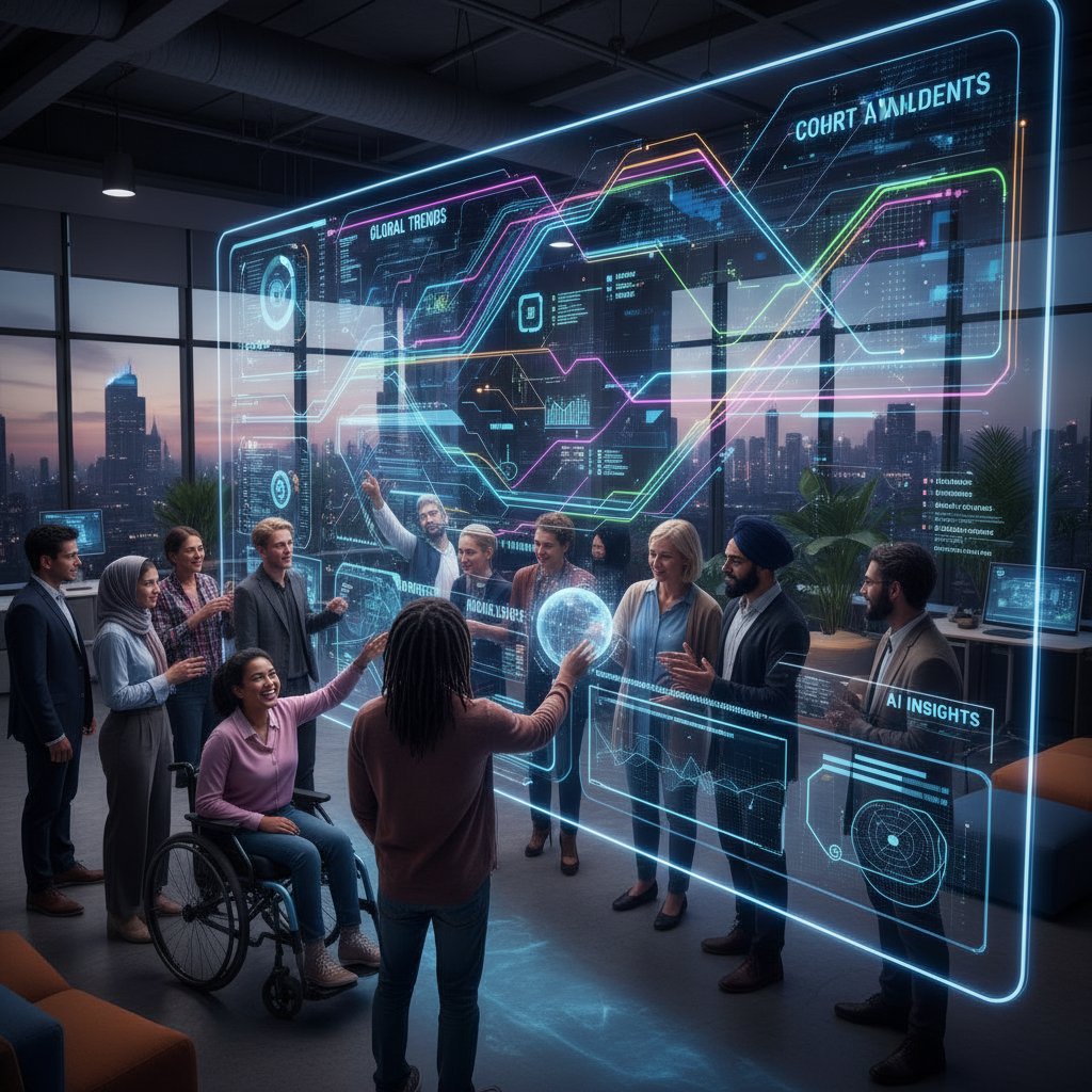 Grupa osób różnych płci i narodowości, patrząca na ekran z danymi AI – algorytmiczne uprzedzenia