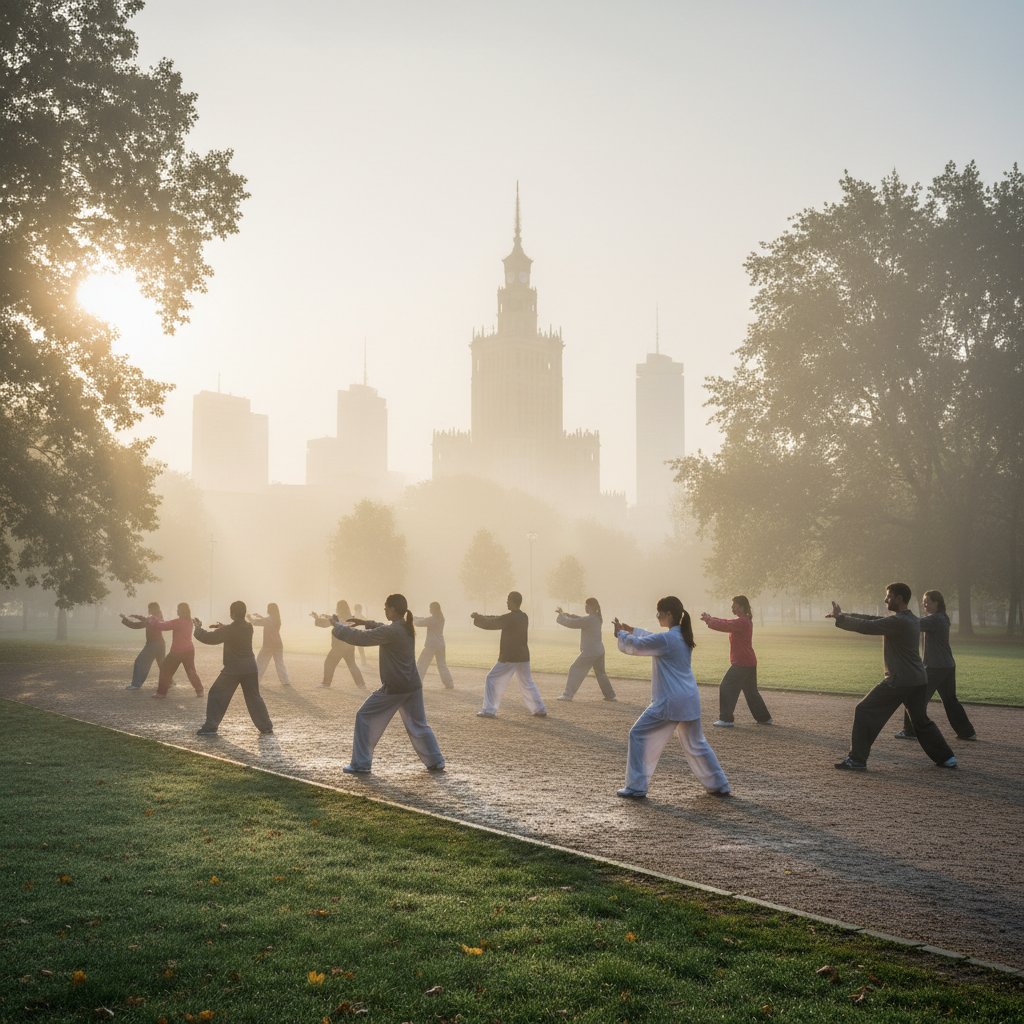 Grupa osób ćwiczących tai chi w parku miejskim o poranku, z mgłą i nowoczesną panoramą