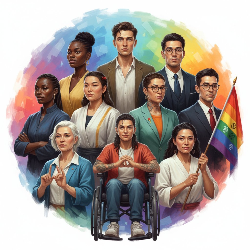 Grupa osób różniących się wyglądem i stylem, metafora spektrum orientacji