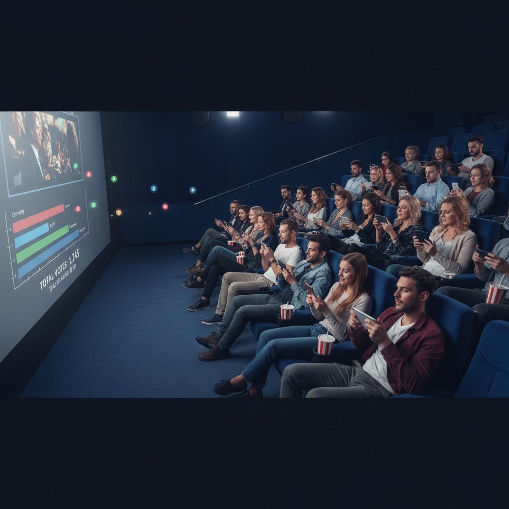 Diverse group watching and voting on a film via mobile devices, participatory mood, representing movie transformation cinema