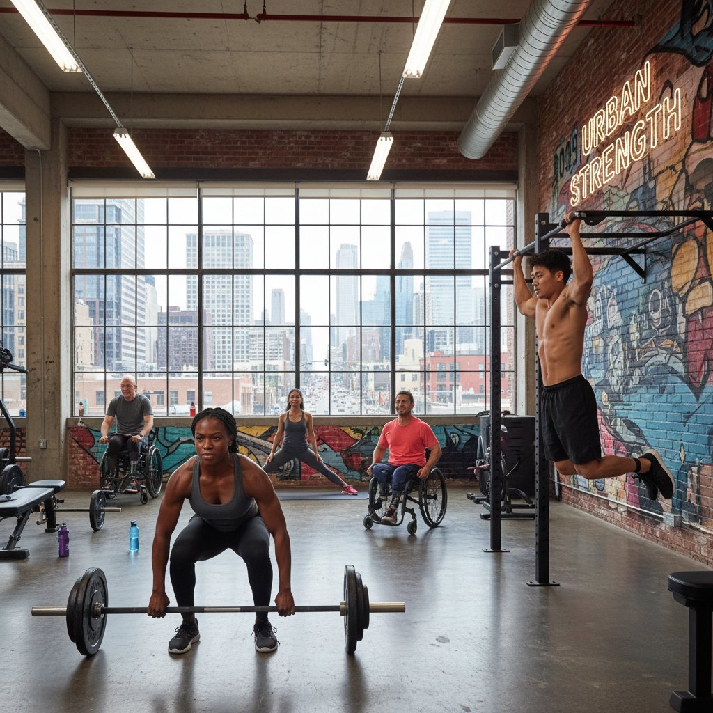 Osoby o różnych sylwetkach ćwiczące w miejskiej siłowni, każda skupiona na własnym indywidualnym treningu dostosowanym do swoich możliwości