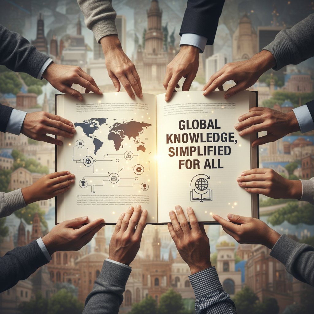 Photo of diverse hands on a single book, symbolizing global access and the role of tools for simplifying complex texts in breaking down language barriers.